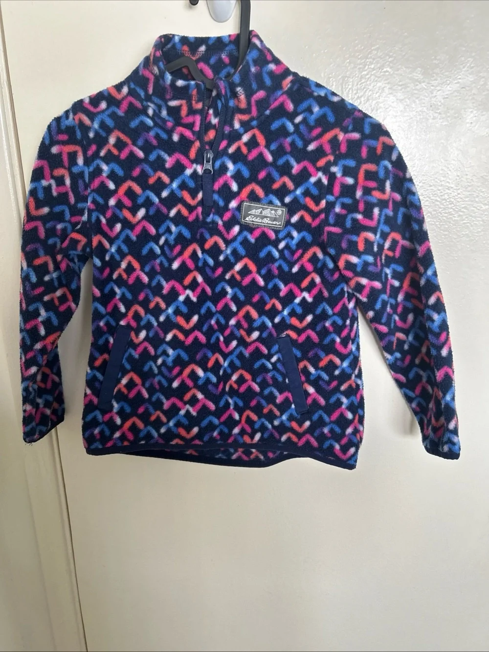 Eddie Bauer Navy Fleece Pullover with Pink & Light Blue Chevron Pattern